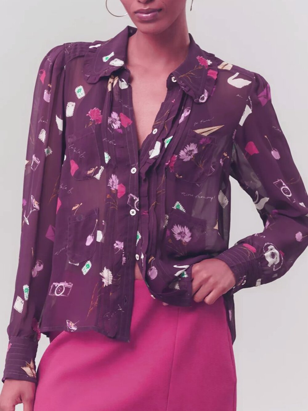 Anthropologie Danielle Kroll Sheer Chiffon Peter Pan Collar Buttondown Shirt L